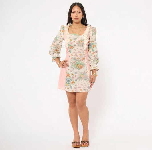70s Floral Butterfly Mini Dress Pink Cream Puff Sleeve Square Neck Cotton Small