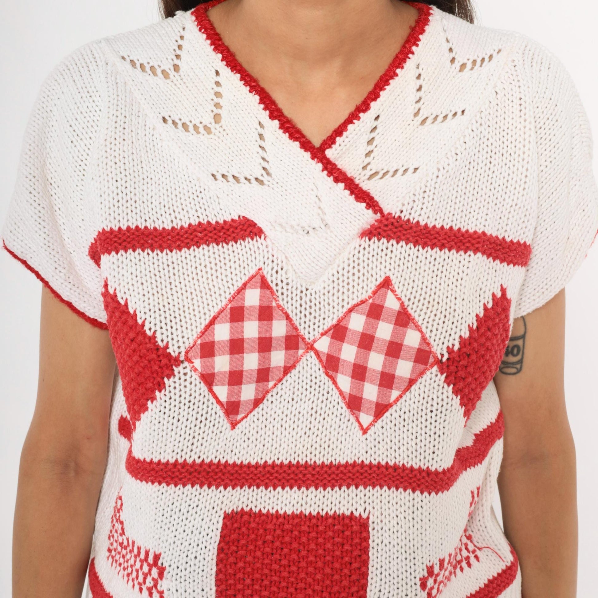 80s SML Sport Gingham Patchwork Knit Top White Red V-Neck Small