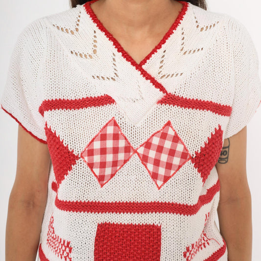 80s SML Sport Gingham Patchwork Knit Top White Red V-Neck Small