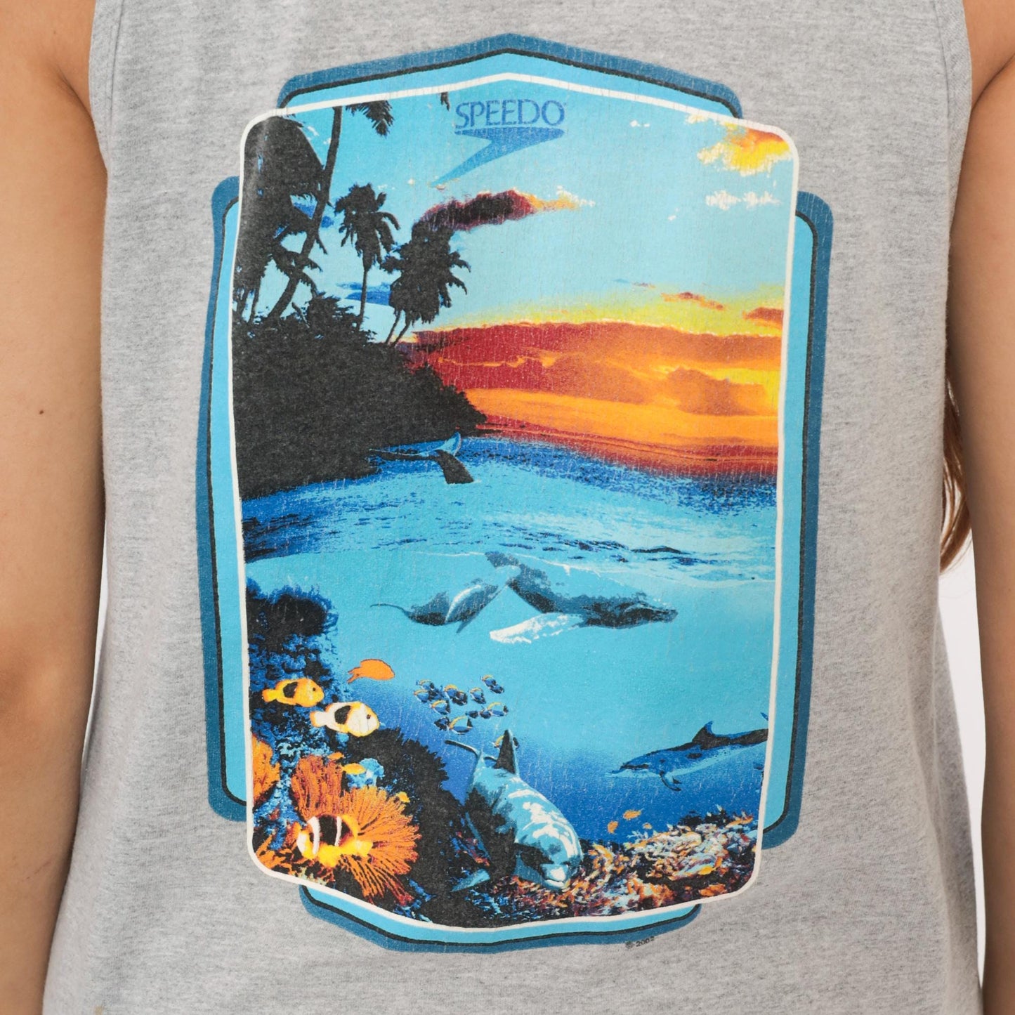 90s Speedo Tank Top Heather Grey Tropical Ocean Graphic Cotton Medium