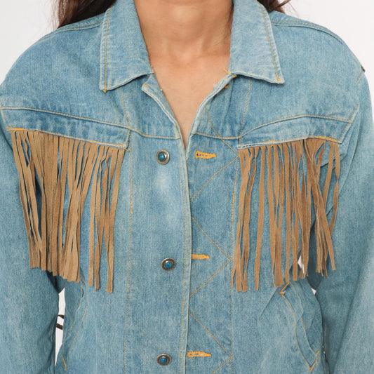 90s Morganwear Denim Jacket Suede Fringe Light Wash Lace-Up Back Medium M