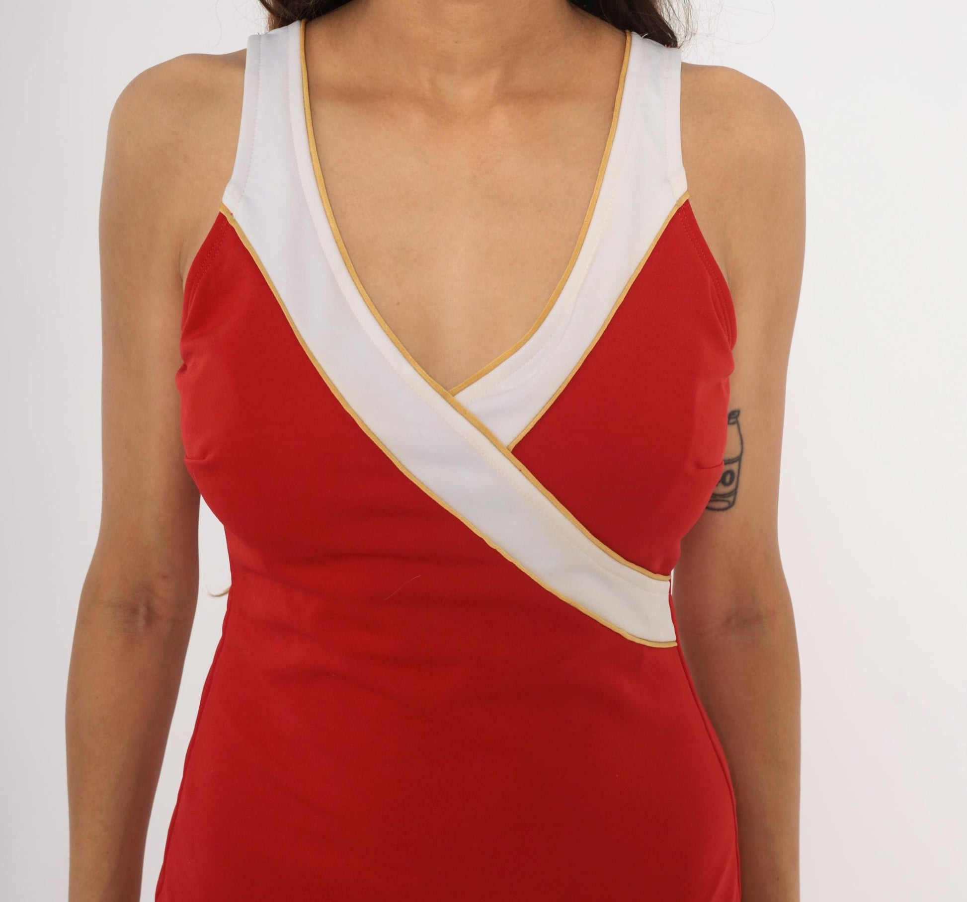 90s Ceeb Sportswear Red One-Piece Swimsuit Surplice Wrap Gold Trim Large L
