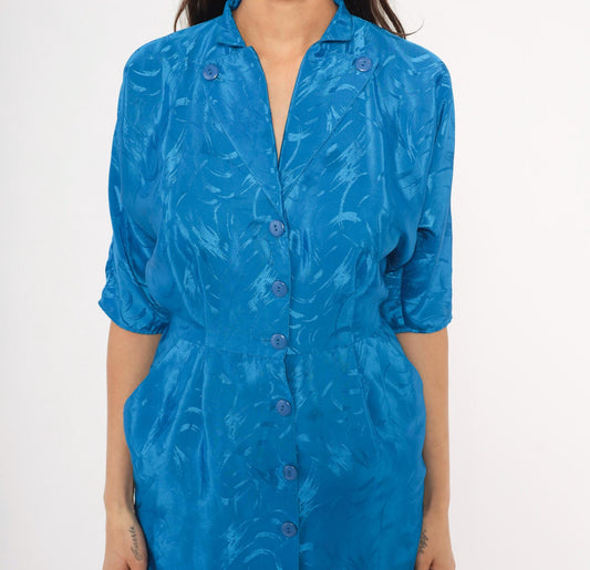 80s Joni Blair Cobalt Jacquard Shirtdress Midi Blue Half Sleeve Small S