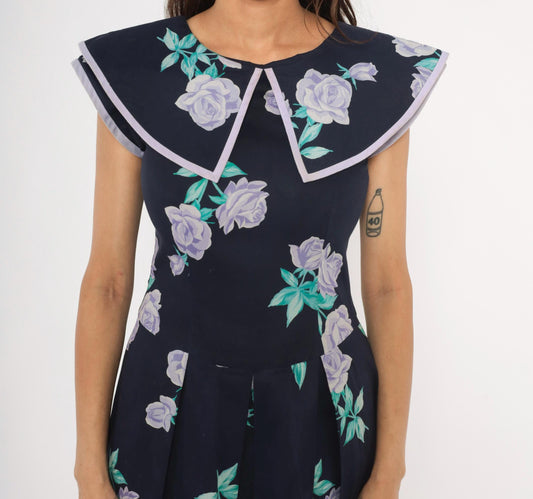 80s Kathryn Conover Floral Midi Dress Sailor Collar Cotton Purple Rose Extra Small XS