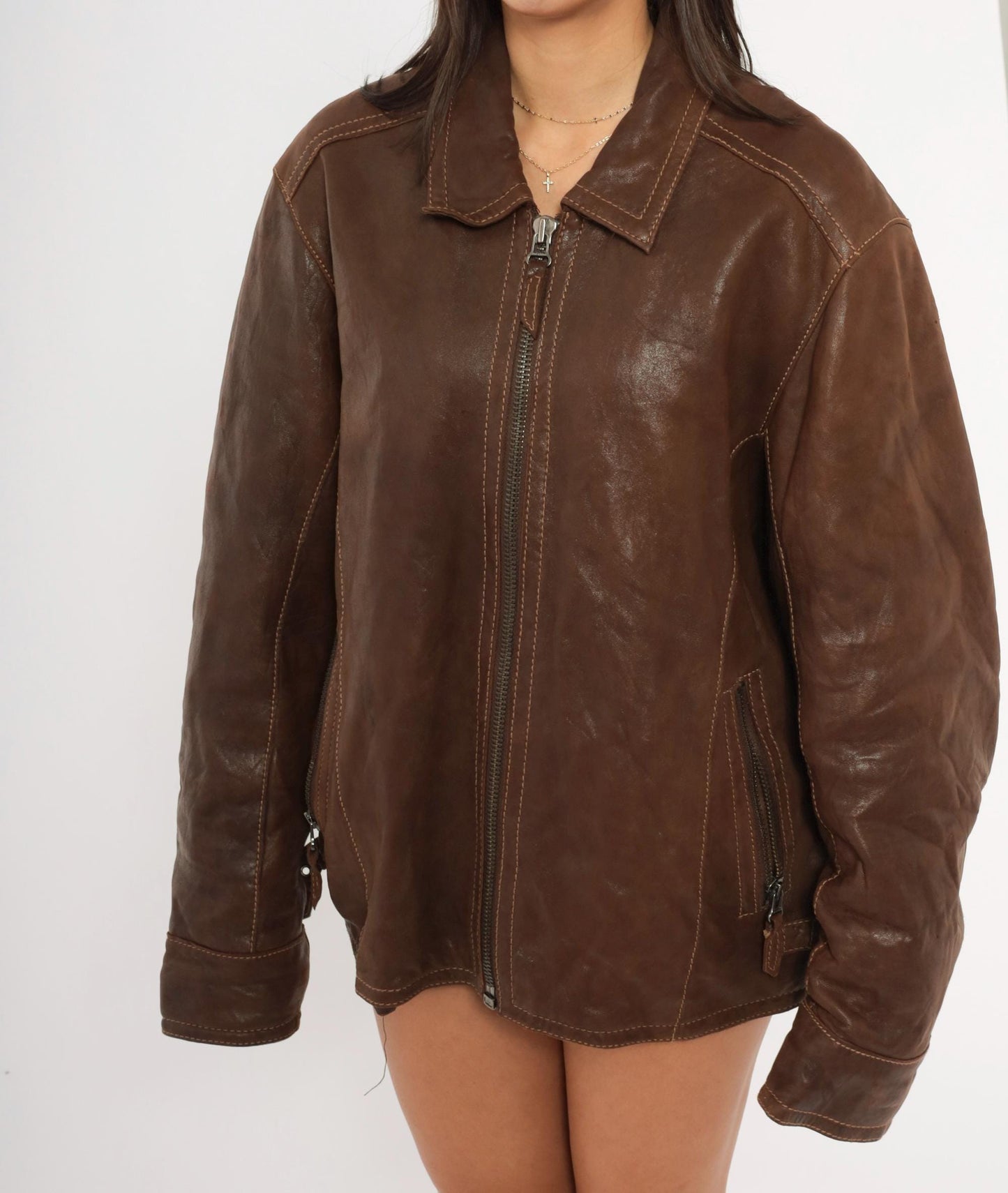 Y2K Wilsons Brown Leather Moto Jacket Paneled Spread Collar Large L