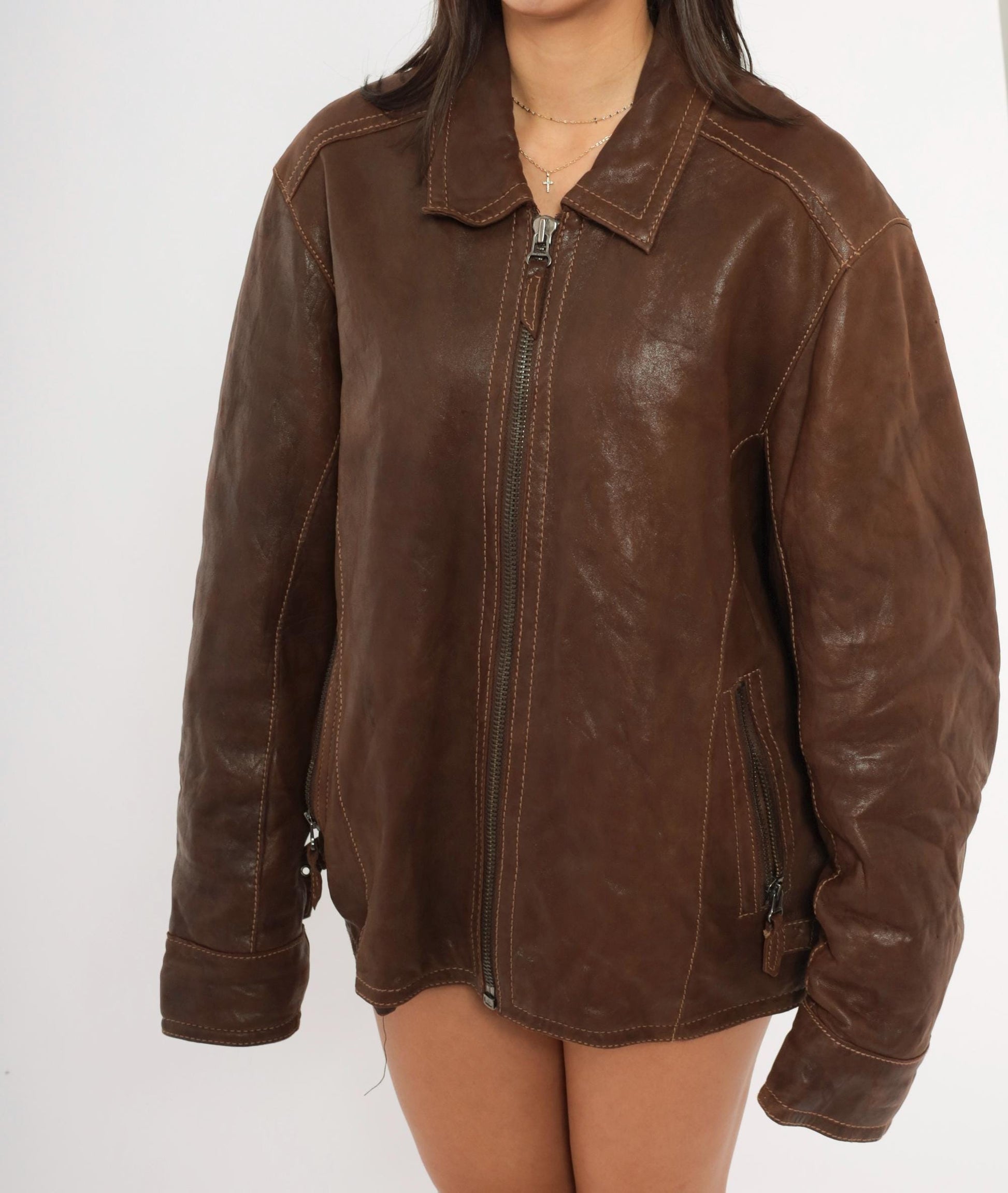 Y2K Wilsons Brown Leather Moto Jacket Paneled Spread Collar Large L
