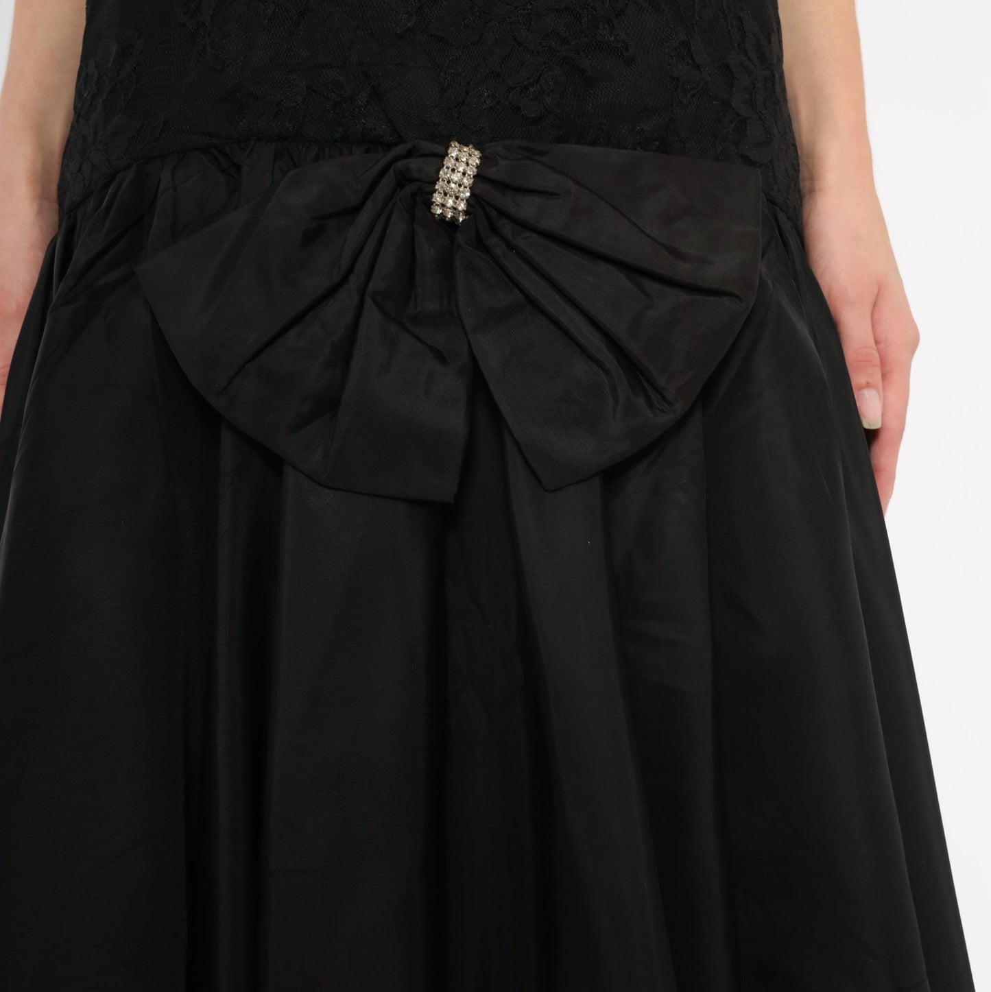 80s Jolie Madame Black Strapless Gown Lace Bodice Rhinestone Trim Small