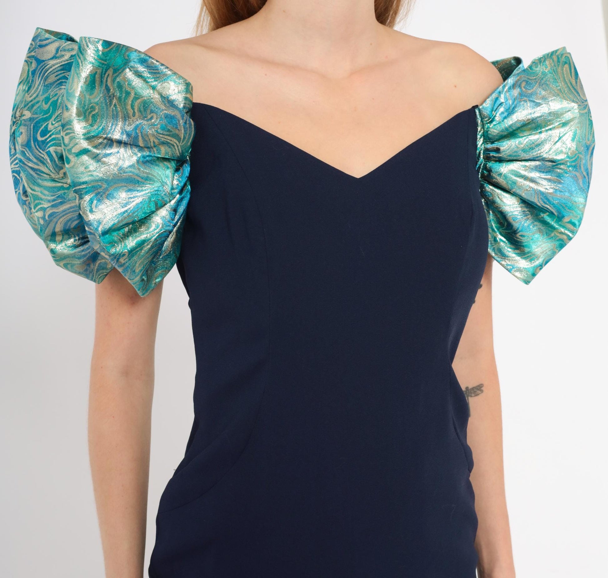 90s A.J. Bari Navy Metallic Puff Sleeve Mini Dress Sweetheart Neckline Small S