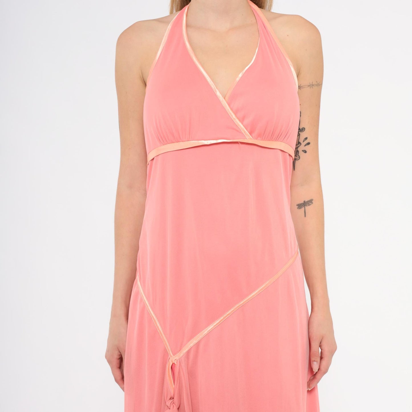 Y2K Coral Halter Dress Surplice Neckline Satin Trim Ruffle Chiffon Overlay Backless Tie Neck Pink Summer Beach Party Coquette Salmon Large L