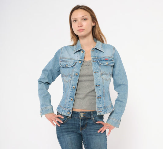 90s Big Star Light Wash Denim Jacket Cropped Pointed Collar Extra Small XS