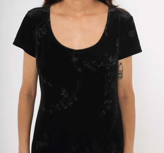 90s DJ & Co Black Velvet Maxi Dress Burnout Floral Short Sleeve Large L