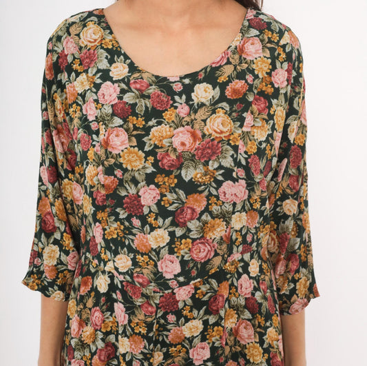 90s Paquette Floral Midi Dress Garden Rose Print Black Pink Burgundy Large L