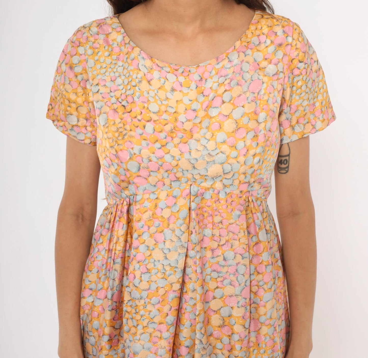60s Silk Babydoll Dress Pebble Print Orange Pink Blue Mini Scoop Neck Medium M
