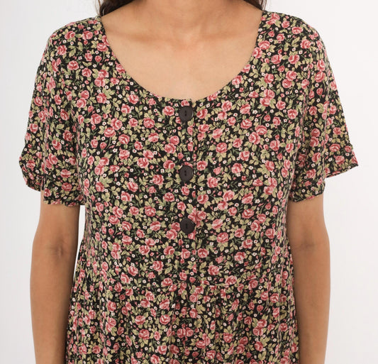 90s Black Floral Jumpsuit Wide Leg Rose Print Scoop Neck Medium M