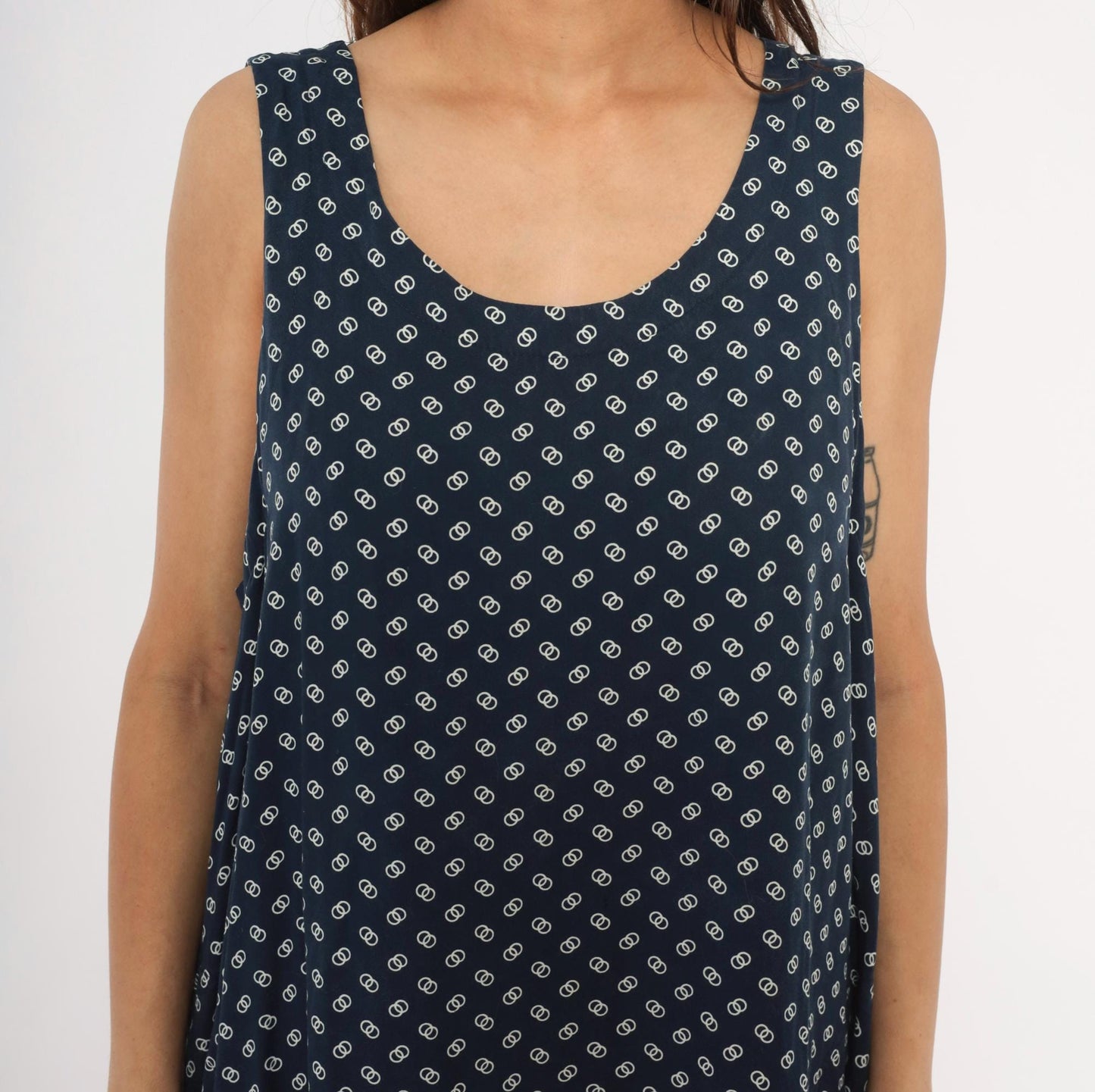 80s Steena Navy Sundress White Geometric Print Cotton Knee-Length Large L