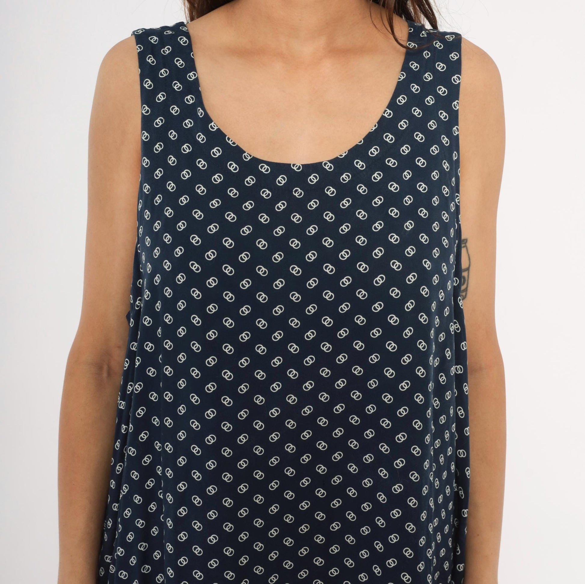 80s Steena Navy Sundress White Geometric Print Cotton Knee-Length Large L
