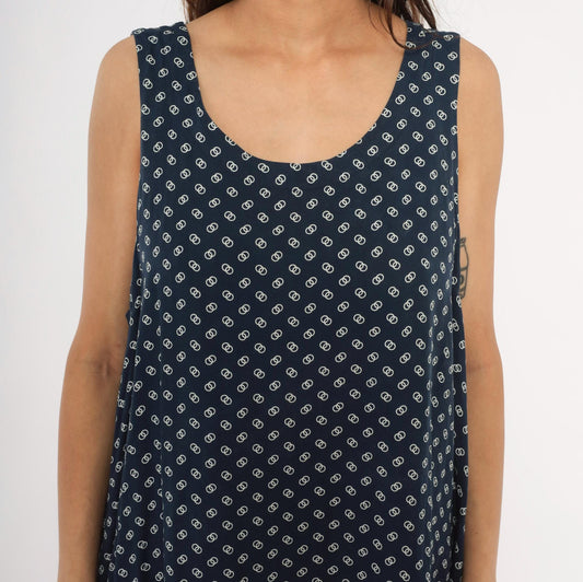 80s Steena Navy Sundress White Geometric Print Cotton Knee-Length Large L