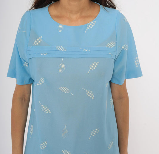 80s Sky Blue Leaf Shift Dress White Scattered Pattern Pintuck Medium