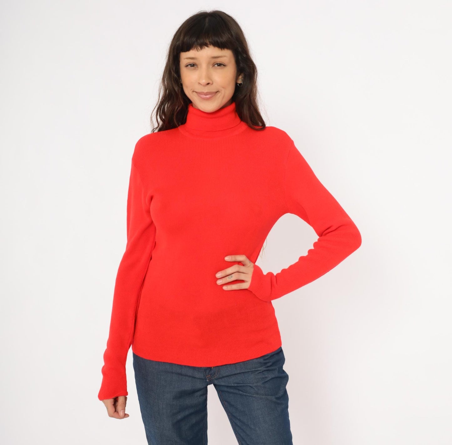 70s Red Turtleneck Sweater Ribbed Knit Pullover Button Cuff Medium Large