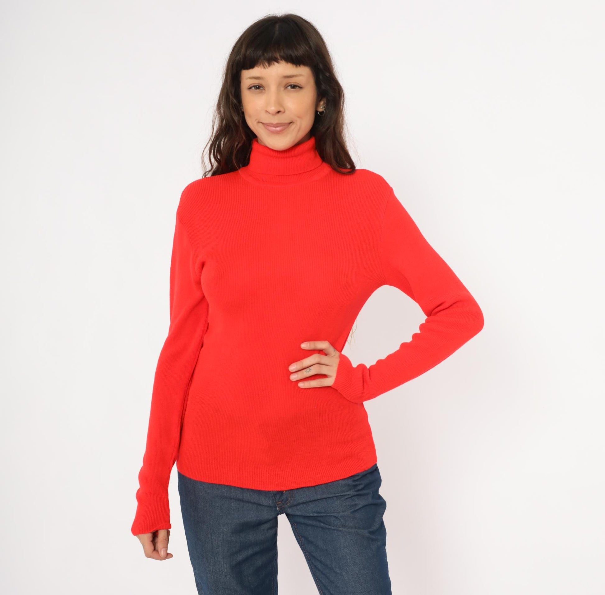 70s Red Turtleneck Sweater Ribbed Knit Pullover Button Cuff Medium Large
