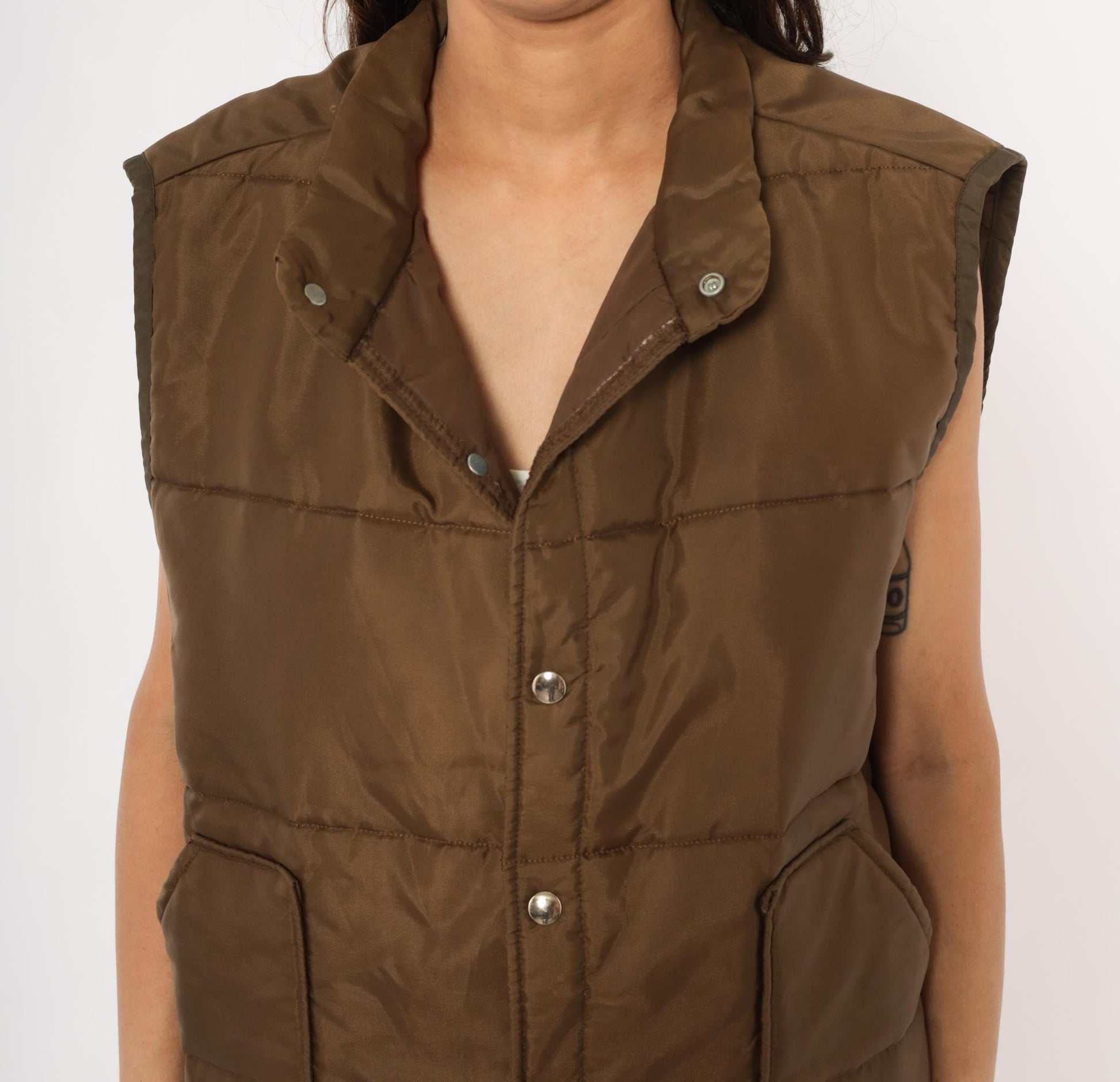 80s Brown Quilted Puffer Vest Snap Front Sleeveless Jacket Large L