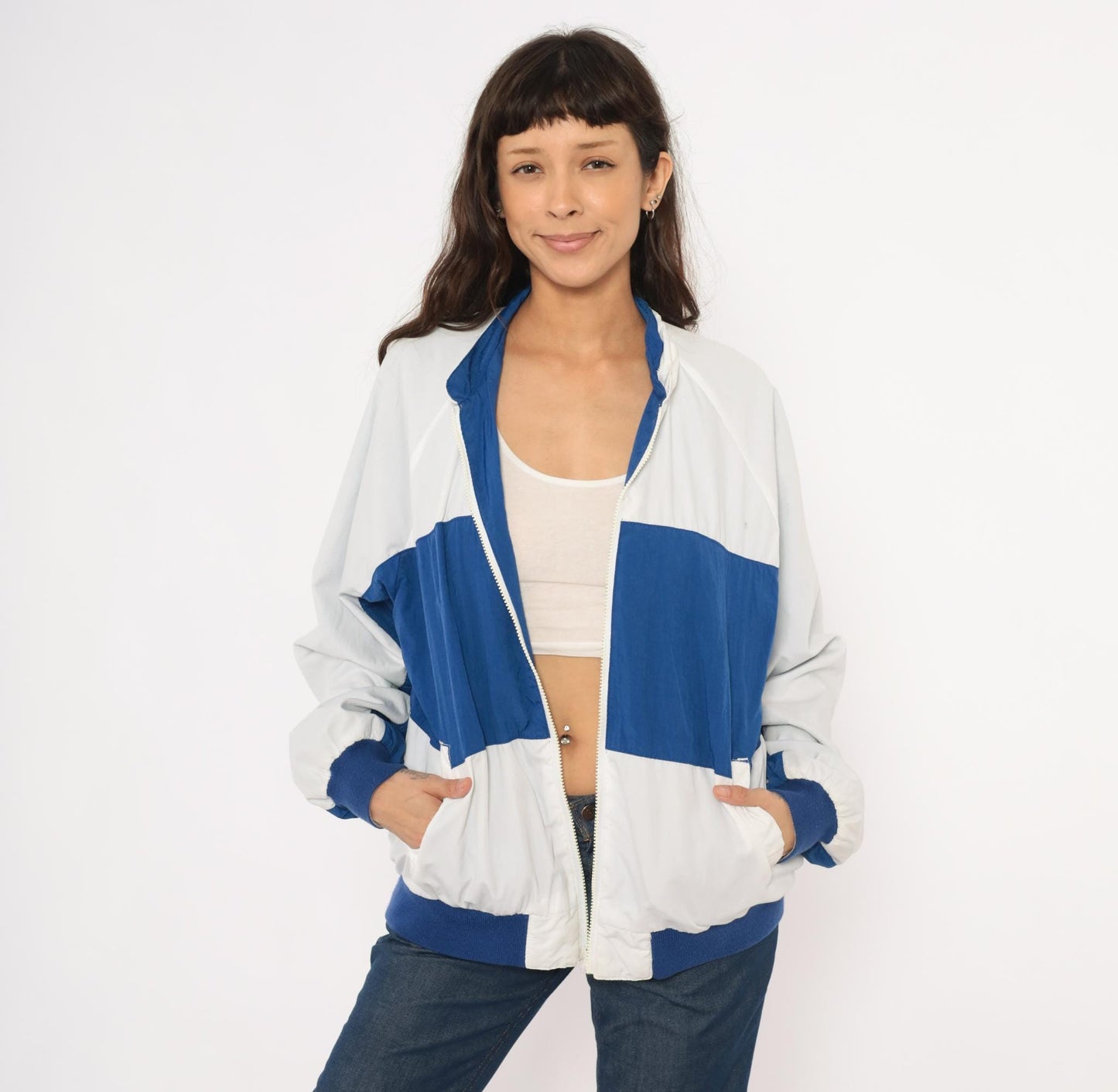 80s Sasson Reversible Windbreaker Blue White Colorblock Raglan Jacket Large
