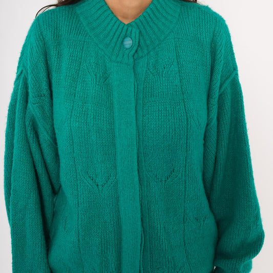 90s Astri Teal Mohair Cardigan Leaf Cable Knit Bomber Medium M