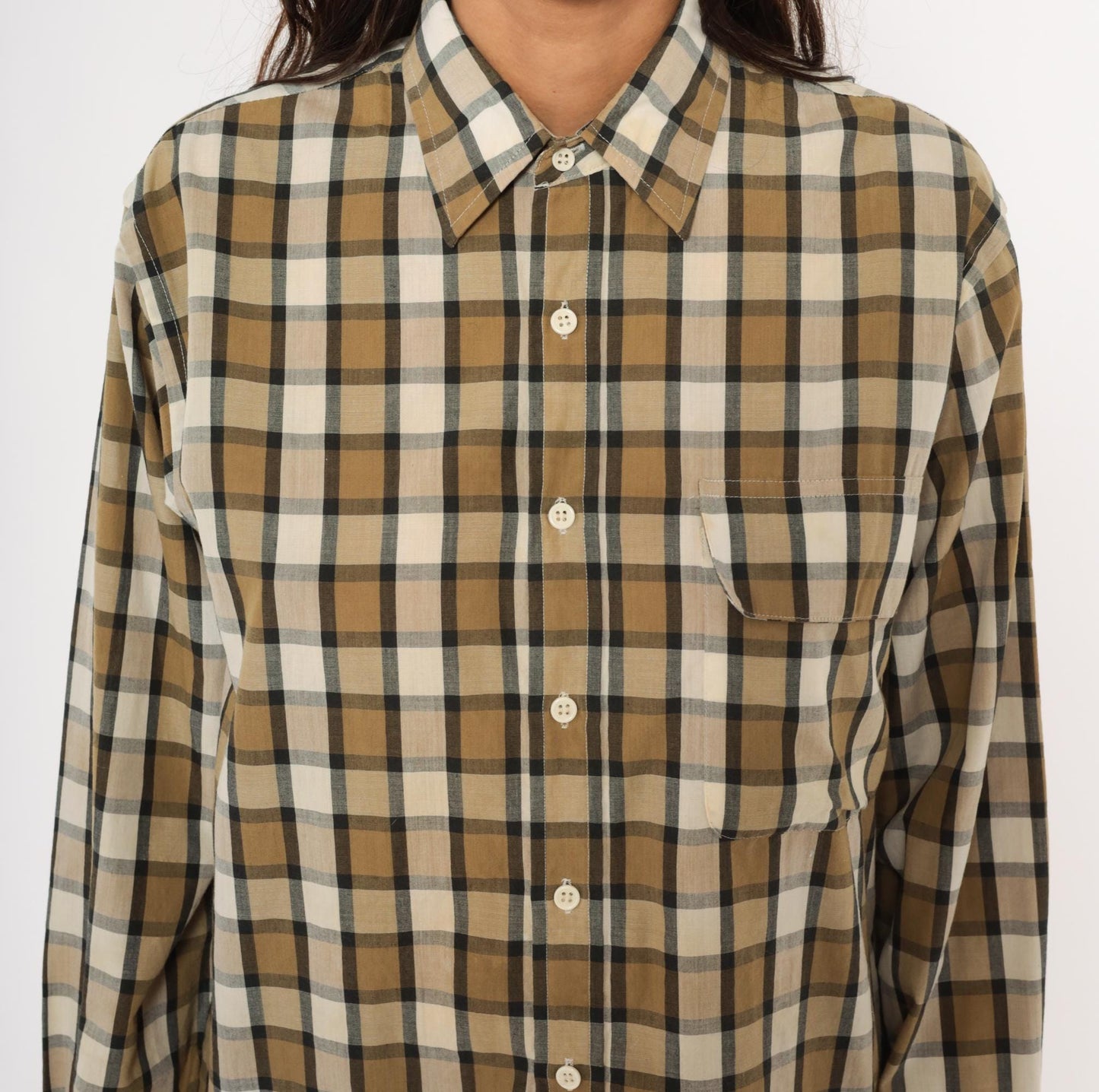 90s Steeplechase Plaid Button-Up Shirt Tan Navy Cream Medium