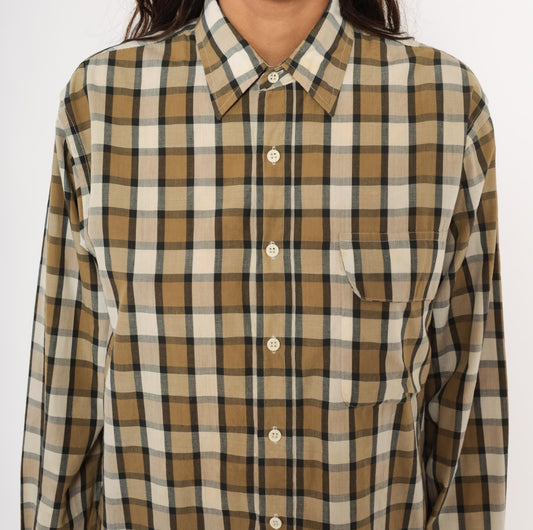 90s Steeplechase Plaid Button-Up Shirt Tan Navy Cream Medium