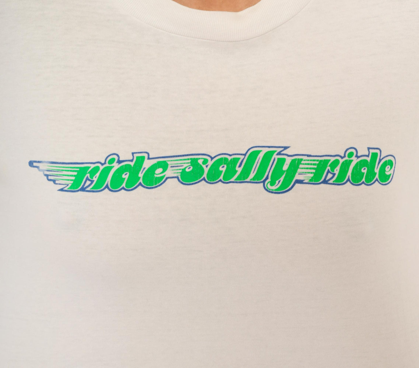 90s Hanes Ride Sally Ride Long Sleeve Tee Green Blue Wing Graphic White Medium M