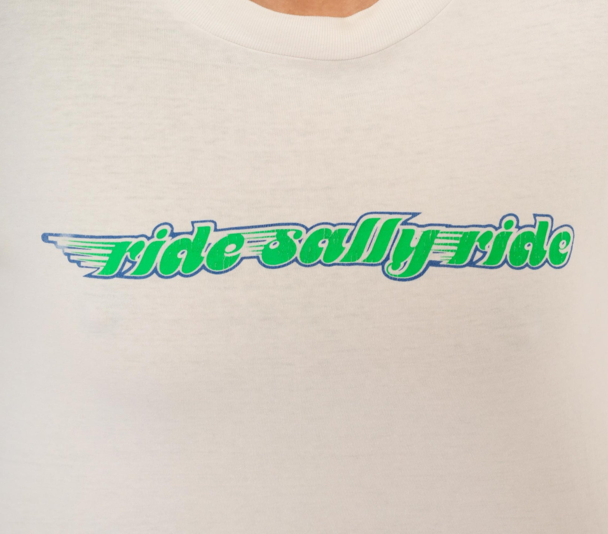 90s Hanes Ride Sally Ride Long Sleeve Tee Green Blue Wing Graphic White Medium M