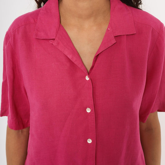 80s Brooks Brothers Fuchsia Linen Camp Collar Shirt Button Front Medium M