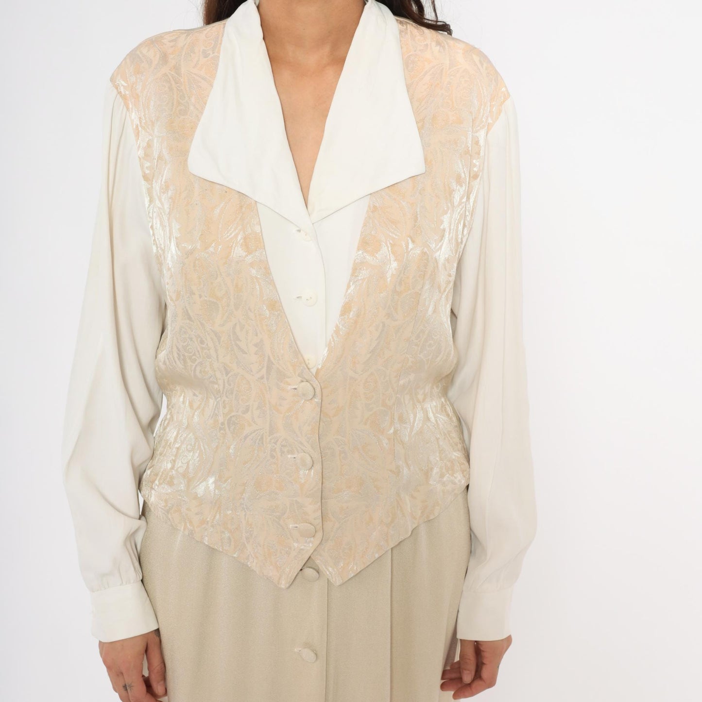 80s Miss Scarlett Jacquard Vest Midi Dress Ivory Collar Cream Sleeves Large L