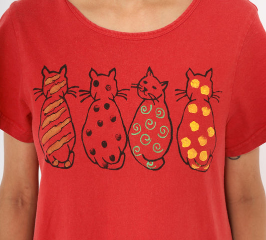 90s Cat T-Shirt Dress Red Cotton Graphic Paw Print Scoop Neck Small Medium