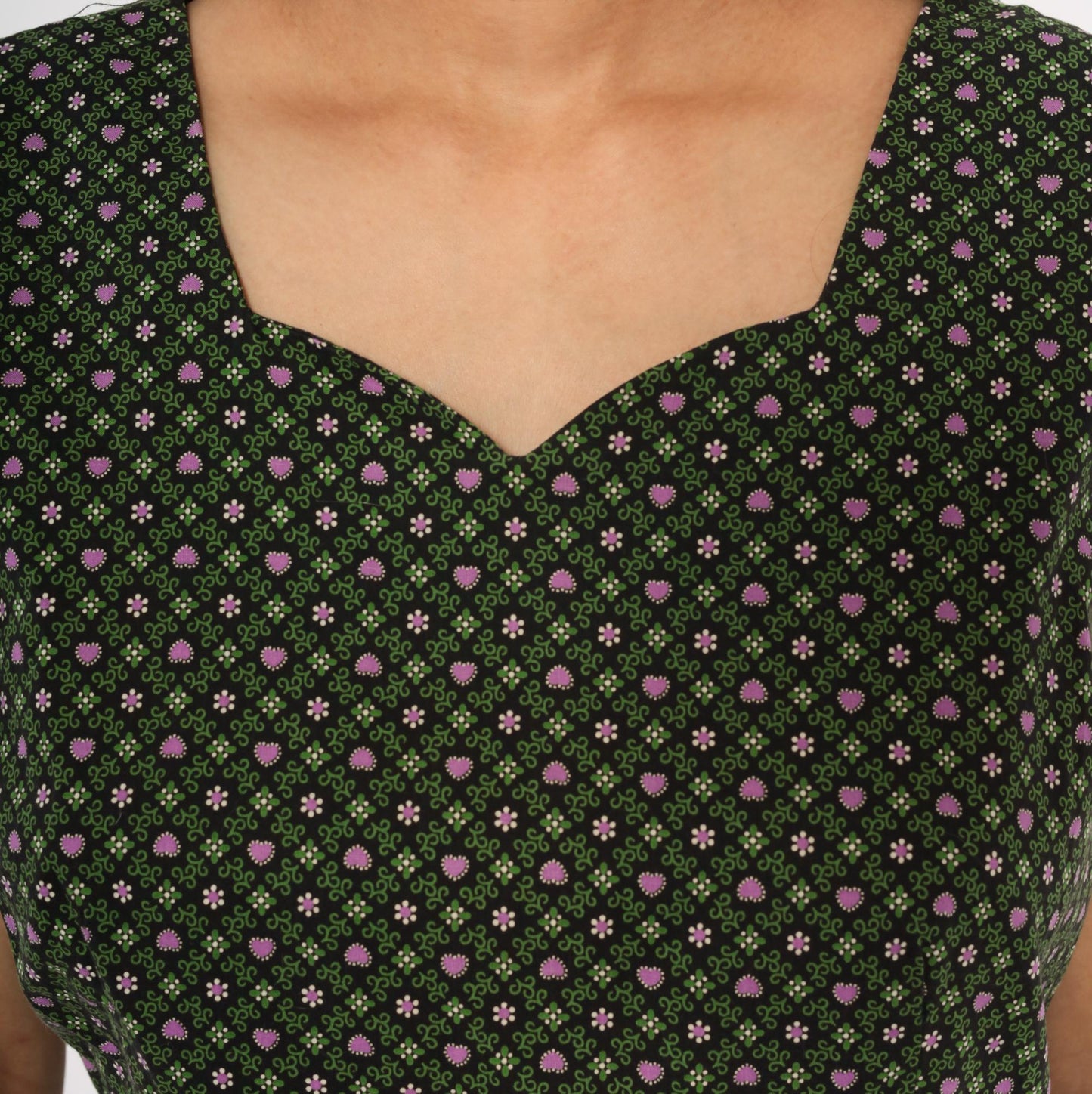 60s Heart Floral Cotton Dress Sweetheart Neckline Pencil Skirt Forest Green Large L