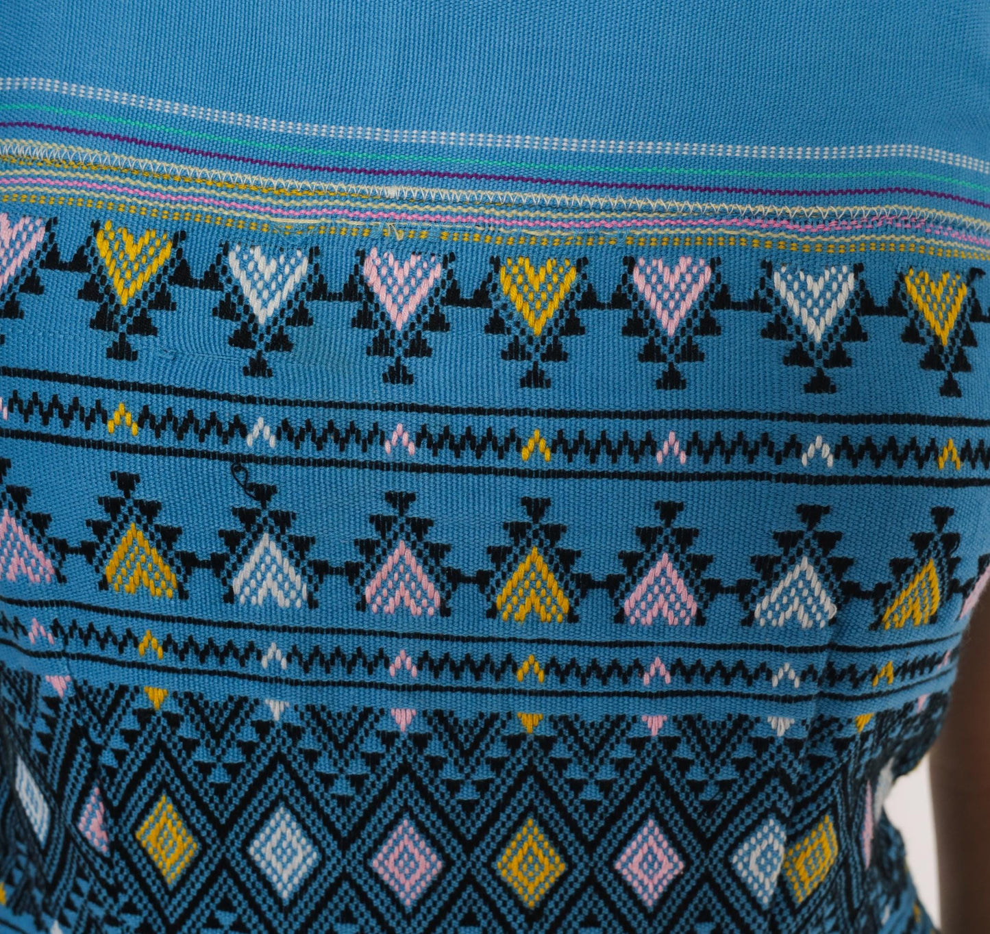 70s Blue Woven Mini Dress Tribal Geometric Embroidery Heart Motif Small