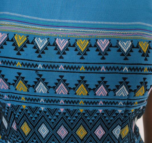 70s Blue Woven Mini Dress Tribal Geometric Embroidery Heart Motif Small