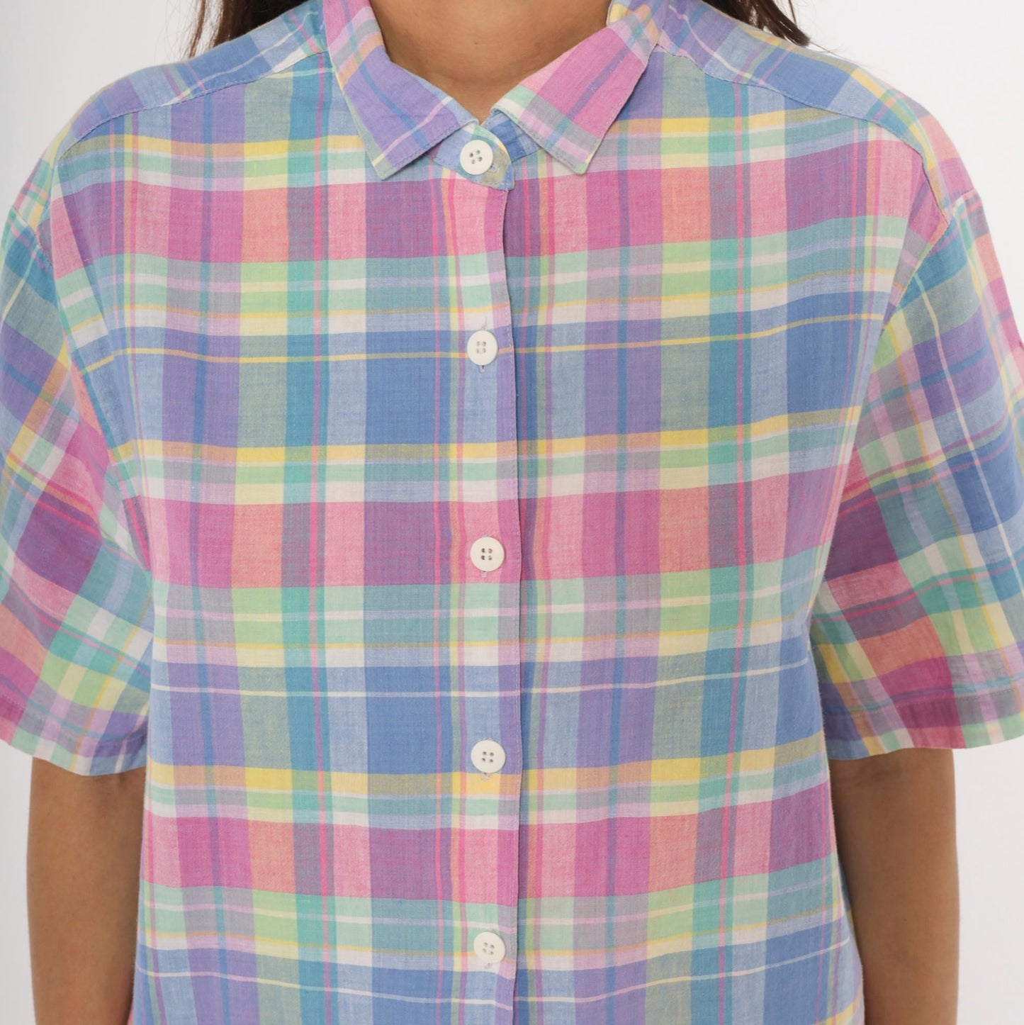 80s Jessica Tyler Madras Plaid Button-Up Blouse Pink Lavender Blue Cotton Large L