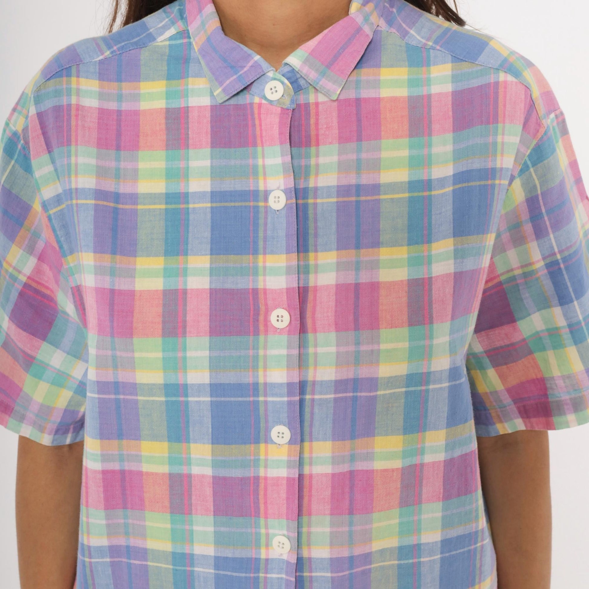 80s Jessica Tyler Madras Plaid Button-Up Blouse Pink Lavender Blue Cotton Large L