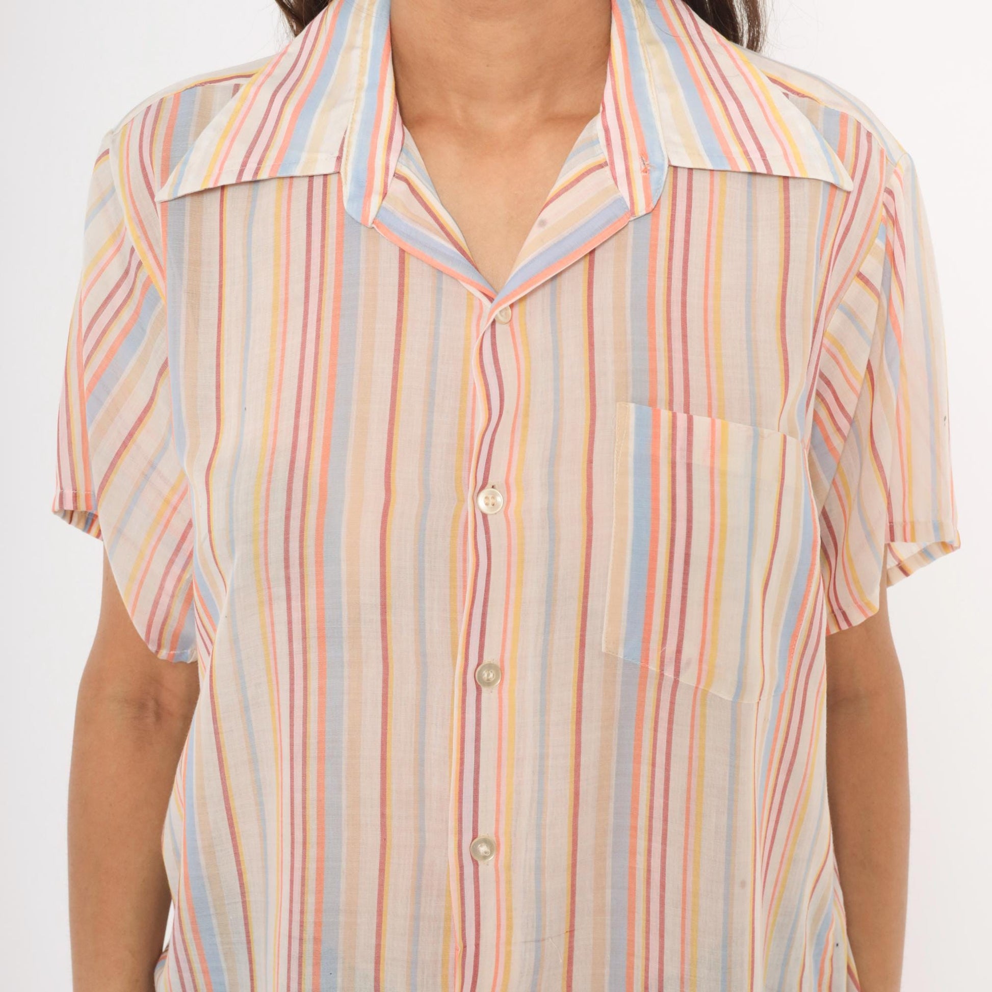 70s Brookdale Striped Camp Shirt Pastel Rainbow Cotton Notched Collar Medium