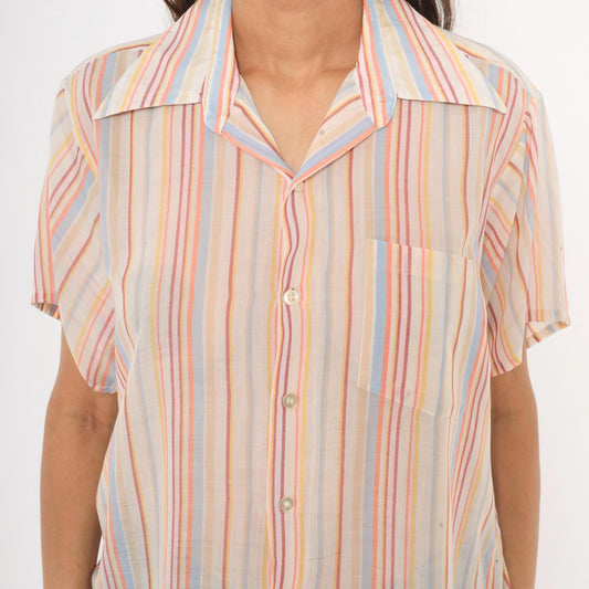 70s Brookdale Striped Camp Shirt Pastel Rainbow Cotton Notched Collar Medium