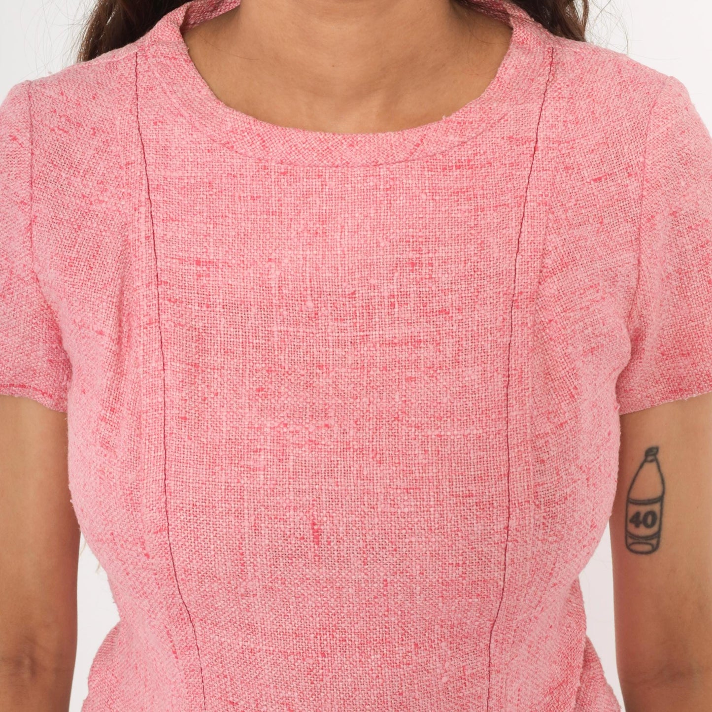 60s Pink Tweed Blouse Scoop Neck Bow Detail Fitted Waist Cotton Small
