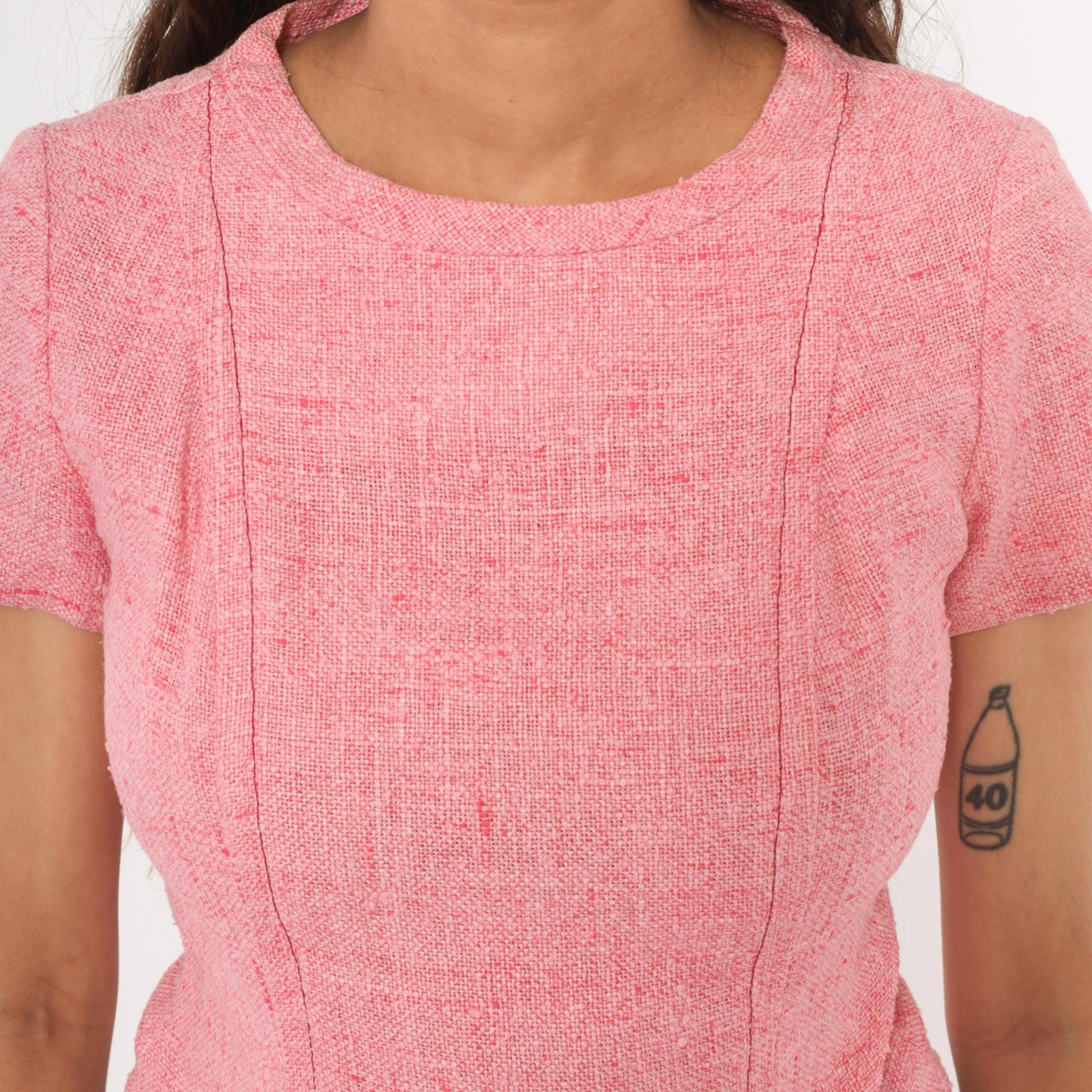 60s Pink Tweed Blouse Scoop Neck Bow Detail Fitted Waist Cotton Small