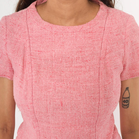 60s Pink Tweed Blouse Scoop Neck Bow Detail Fitted Waist Cotton Small