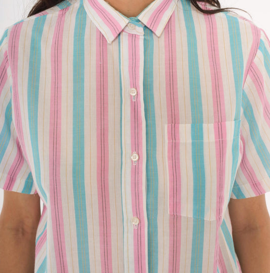 80s Shirtmakers Ltd. Candy Stripe Button-Up Blouse Pink Sky Blue Large L
