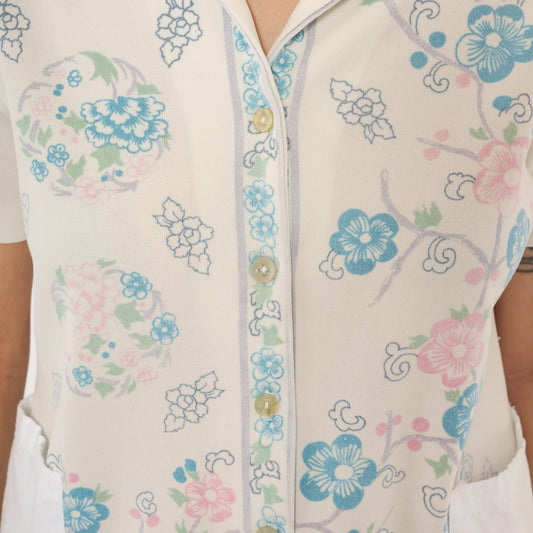 70s Cherry Blossom Peony Camp Collar Blouse Cream Floral Medium M