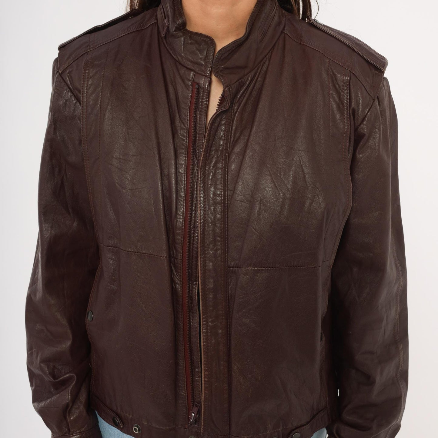 80s Leather Den Burgundy Bomber Jacket Zip Front Moto Coat Medium M