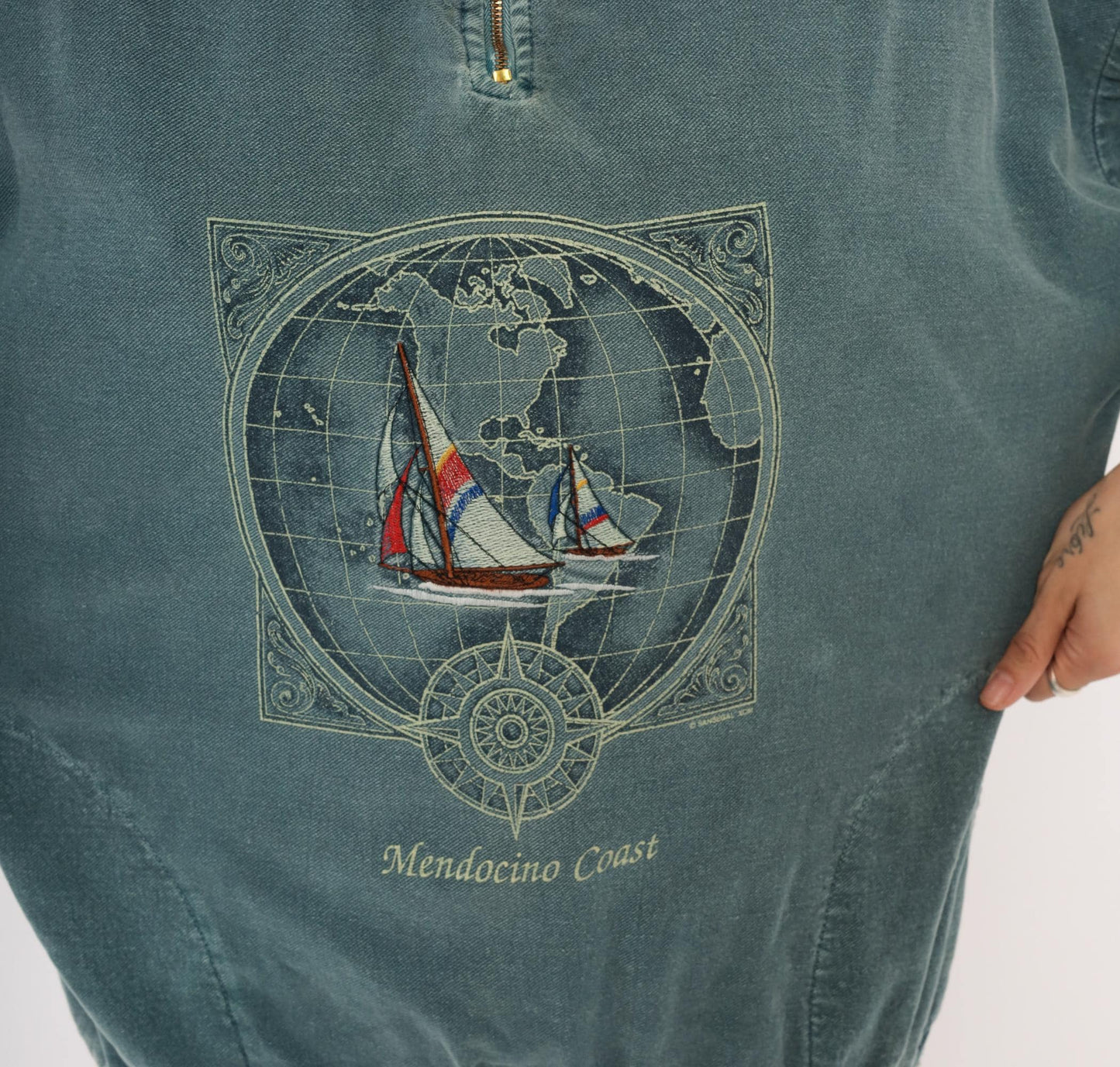 90s Sansegal Sportswear Mendocino Coast Sailboat Quarter-Zip Sweatshirt Grey Blue Medium