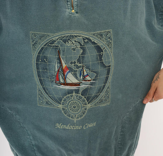 90s Sansegal Sportswear Mendocino Coast Sailboat Quarter-Zip Sweatshirt Grey Blue Medium