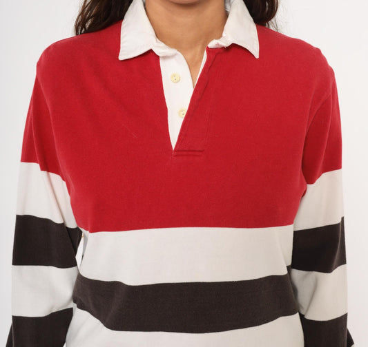 90s Cambridge Classics Rugby Shirt Striped Red White Brown Cotton Small